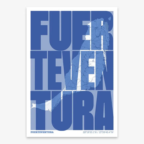 Mapa de Fuerteventura en el diseño la Extra Comprimida, donde las letras se ajustan al ancho del mapa de la ciudad diseñado en azul marino y blanco
