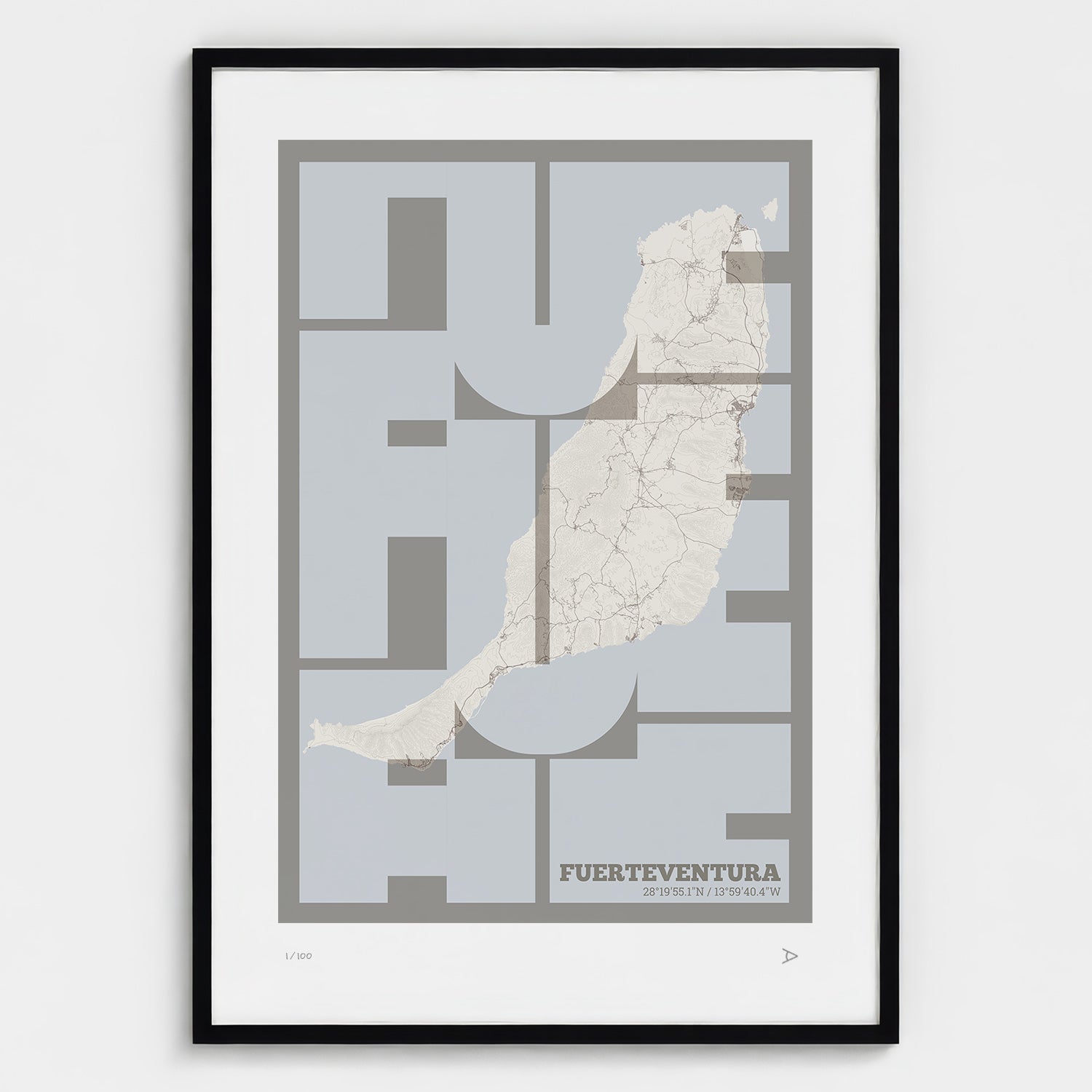 Lámina tipográfica de Fuerteventura – diseño Inseparable, marco negro