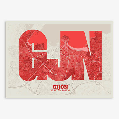 Decorative print of Gijon composed with letters in a heavy geometric font printed on red and an off-white background
