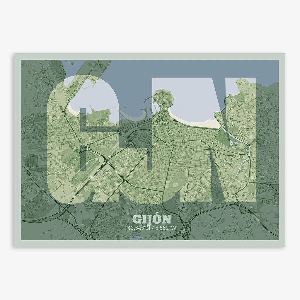 Decorative print of Gijon composed with letters in a heavy geometric font printed on two green tones