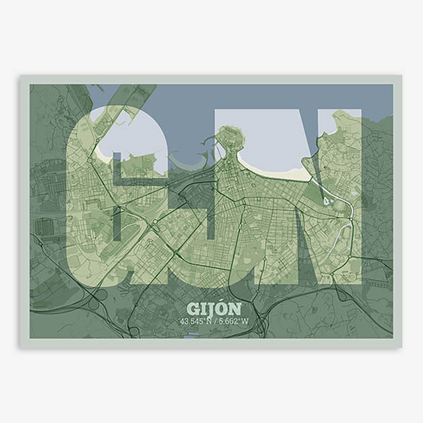 Decorative print of Gijon composed with letters in a heavy geometric font printed on two green tones
