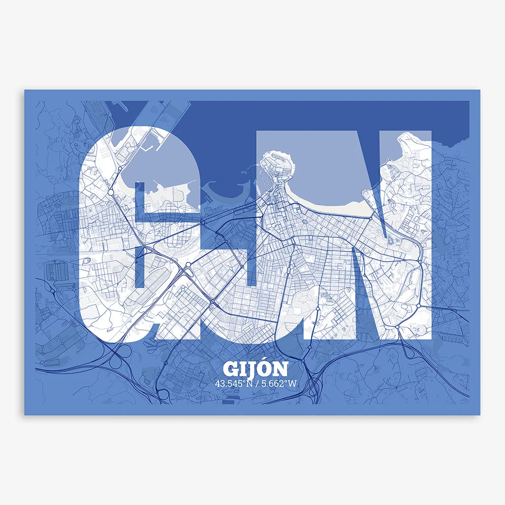 Decorative print of Gijon composed with letters in a heavy geometric font printed on navy blue and white