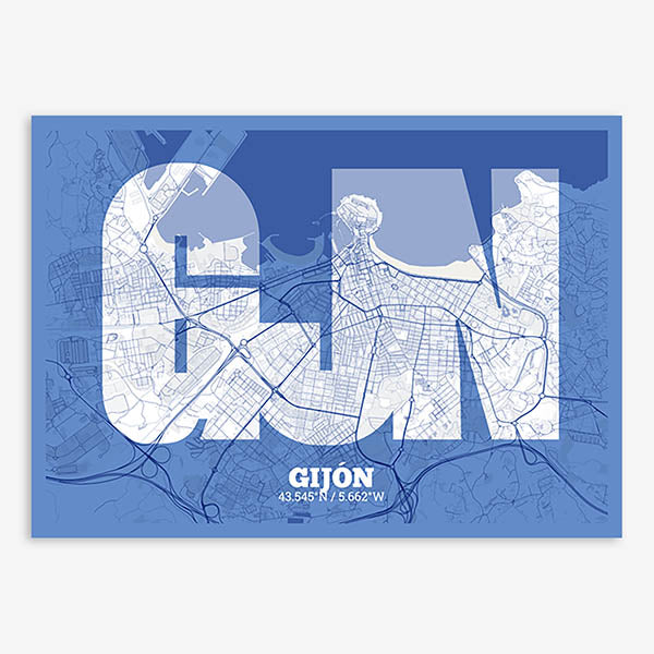 Decorative print of Gijon composed with letters in a heavy geometric font printed on navy blue and white