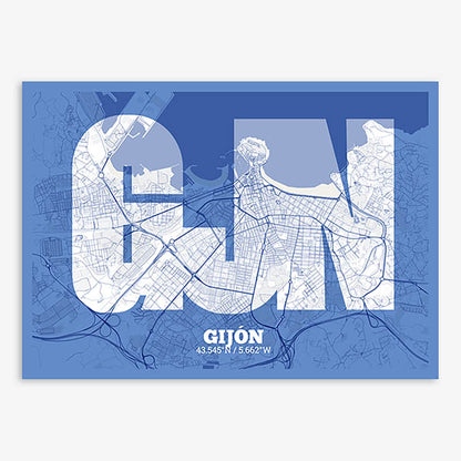 Decorative print of Gijon composed with letters in a heavy geometric font printed on navy blue and white