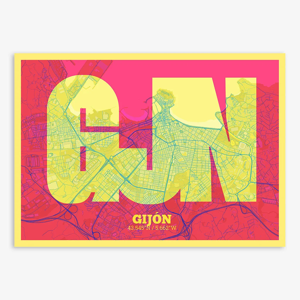 Decorative print of Gijon composed with letters in a heavy geometric font printed on yellow and fuchsia