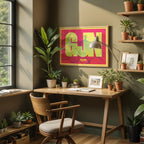 Modern interior design with a Gijon in Super Bold design, a typographic poster where the city map is overlaid with extra-thick lettering for a modern, high-impact look designed in yellow and fuchsia, displayed on a living room wall