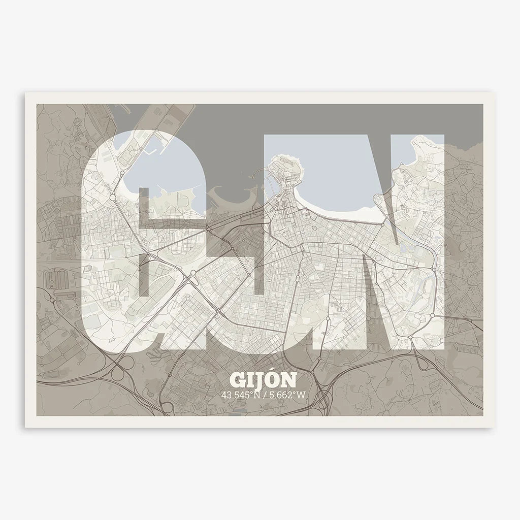 Decorative print of Gijon composed with letters in a heavy geometric font printed on light brown and an off-white background