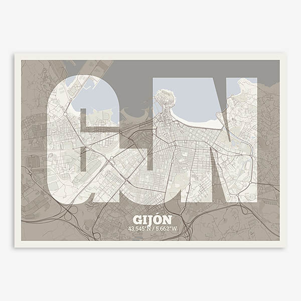 Decorative print of Gijon composed with letters in a heavy geometric font printed on light brown and an off-white background