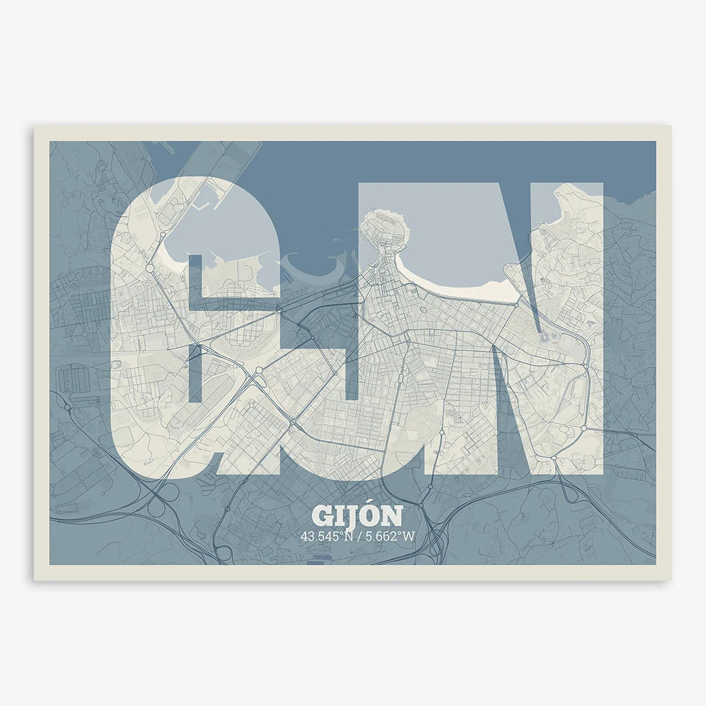 Decorative print of Gijon composed with letters in a heavy geometric font printed on bluish gray and an off-white background