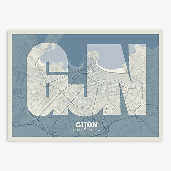 Decorative print of Gijon composed with letters in a heavy geometric font printed on bluish gray and an off-white background