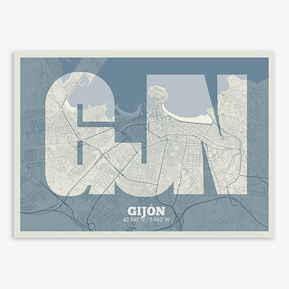 Decorative print of Gijon composed with letters in a heavy geometric font printed on bluish gray and an off-white background