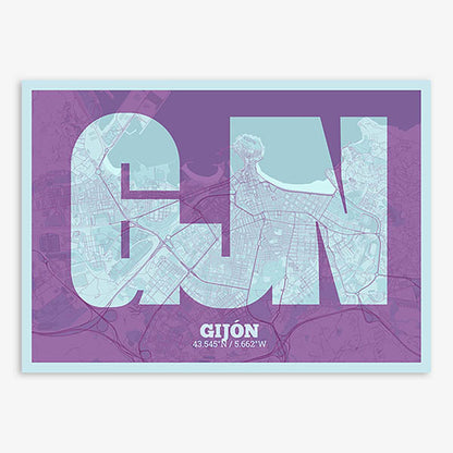 Decorative print of Gijon composed with letters in a heavy geometric font printed on purple and light blue