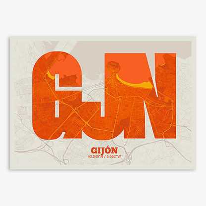 Decorative print of Gijon composed with letters in a heavy geometric font printed on orange and an off-white background