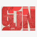 The map of Gijon in Inseparable design, featuring the city's abbreviation in expressive typography over a detailed urban map designed in red and an off-white background