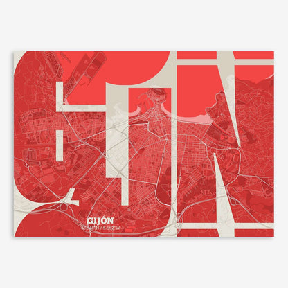 The map of Gijon composed with letters from its name or IATA code printed on red and an off-white background
