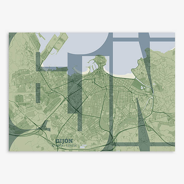 Poster of Gijon composed with letters from its abbreviation or its airport IATA code printed on two green tones