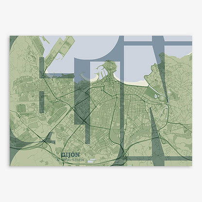 Poster of Gijon composed with letters from its abbreviation or its airport IATA code printed on two green tones