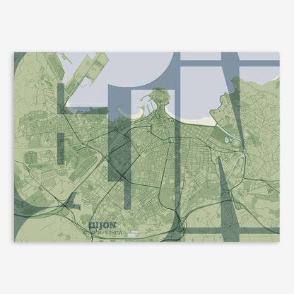 The map of Gijon composed with letters from its name or IATA code printed on two green tones