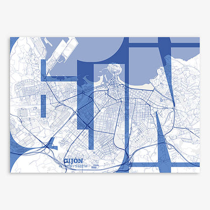 Poster of Gijon composed with letters from its abbreviation or its airport IATA code printed on navy blue and white