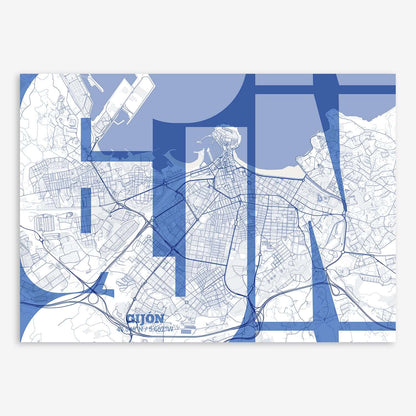 The map of Gijon composed with letters from its name or IATA code printed on navy blue and white