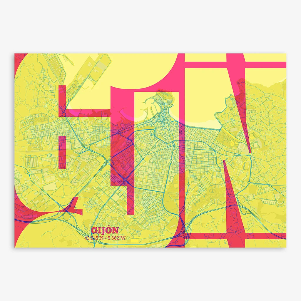 Poster of Gijon composed with letters from its abbreviation or its airport IATA code printed on yellow and fuchsia