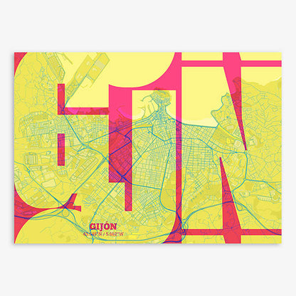 Poster of Gijon composed with letters from its abbreviation or its airport IATA code printed on yellow and fuchsia