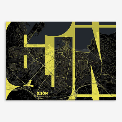 The map of Gijon composed with letters from its name or IATA code printed on black and yellow