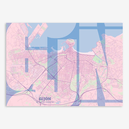 The map of Gijon composed with letters from its name or IATA code printed on pink and light blue