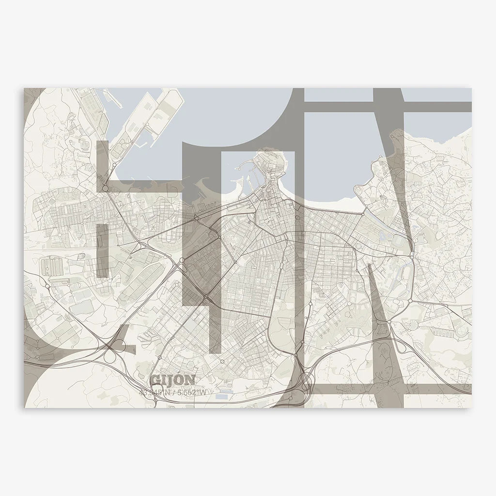 Poster of Gijon composed with letters from its abbreviation or its airport IATA code printed on light brown and an off-white background