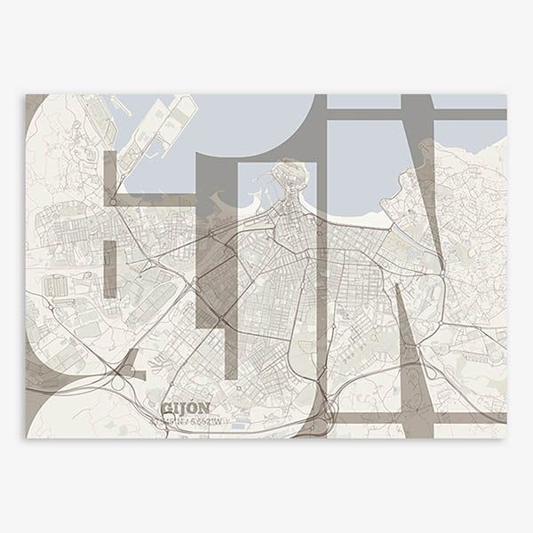 Poster of Gijon composed with letters from its abbreviation or its airport IATA code printed on light brown and an off-white background