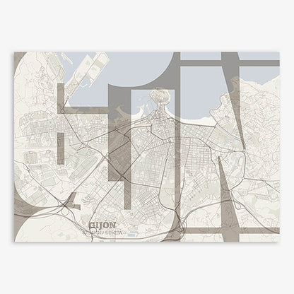 Poster of Gijon composed with letters from its abbreviation or its airport IATA code printed on light brown and an off-white background