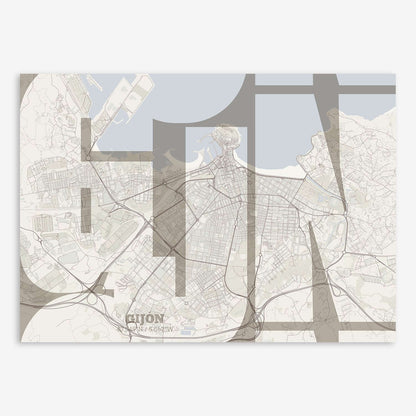 The map of Gijon composed with letters from its name or IATA code printed on light brown and an off-white background
