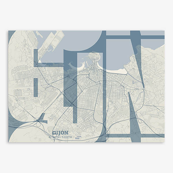 Poster of Gijon composed with letters from its abbreviation or its airport IATA code printed on bluish gray and an off-white background