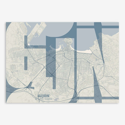 The map of Gijon composed with letters from its name or IATA code printed on bluish gray and an off-white background