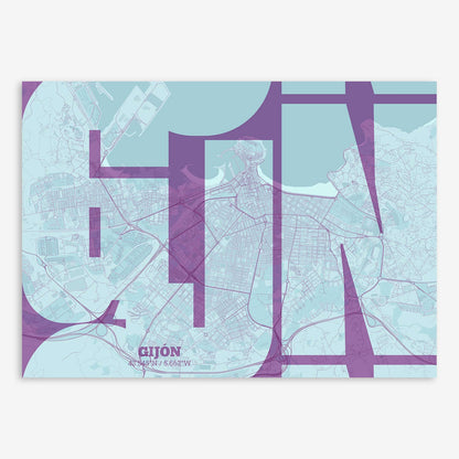 The map of Gijon composed with letters from its name or IATA code printed on purple and light blue