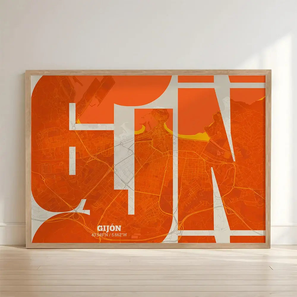 Framed Gijon in Inseparable design, featuring the city's abbreviation in expressive typography over a detailed urban map designed in orange and an off-white background with no border edge-to-edge print leaning against a wall