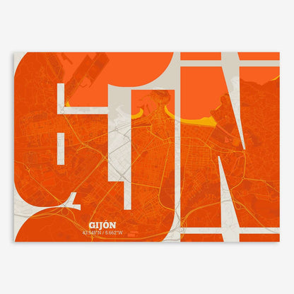 The map of Gijon composed with letters from its name or IATA code printed on orange and an off-white background