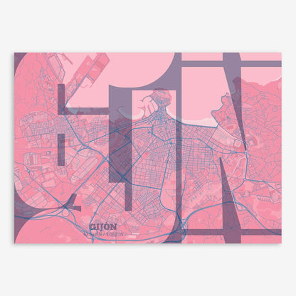 The map of Gijon composed with letters from its name or IATA code printed on violet y pink background