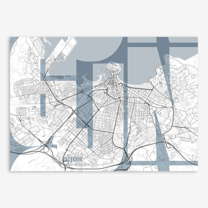 The map of Gijon composed with letters from its name or IATA code printed on black and white