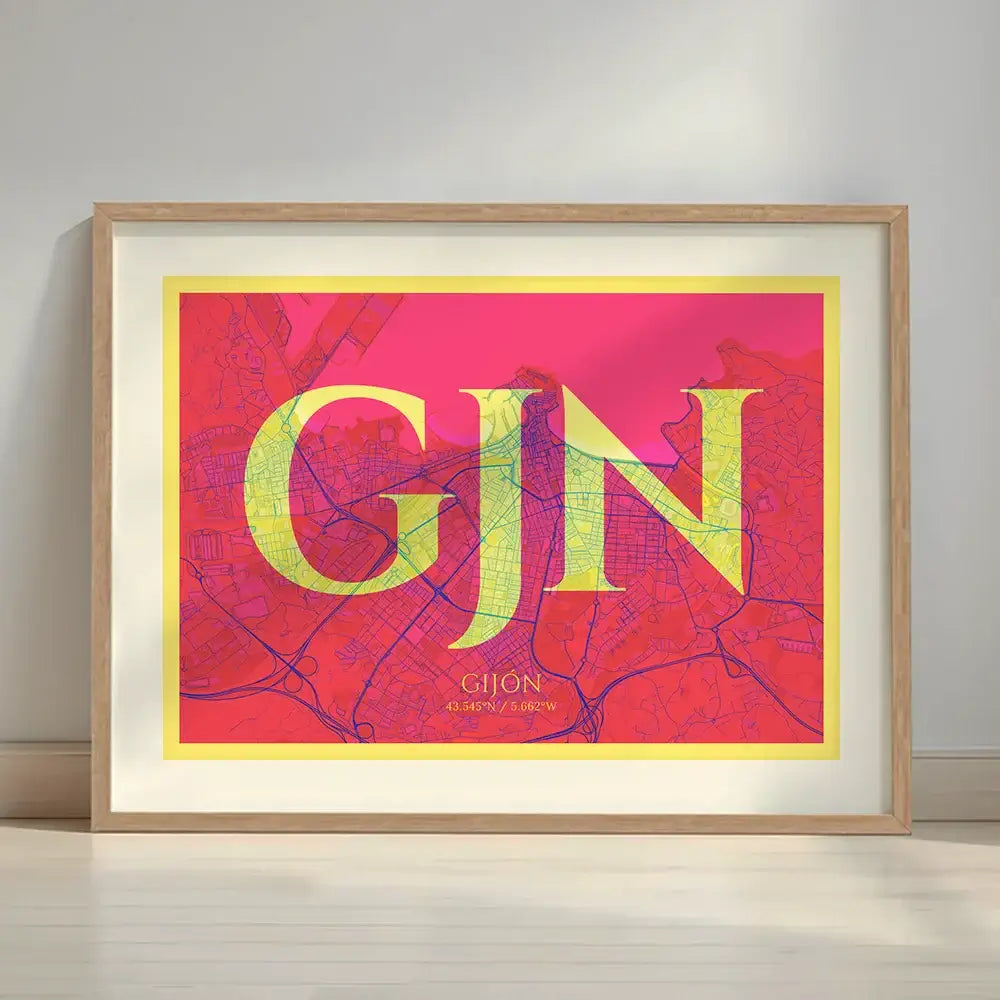 Framed Gijon in Classic design, inspired by chiseled typography with an elegant font that creates a beautiful visual contrast designed in yellow and fuchsia with a white margin border in a warm lit minimalist setting