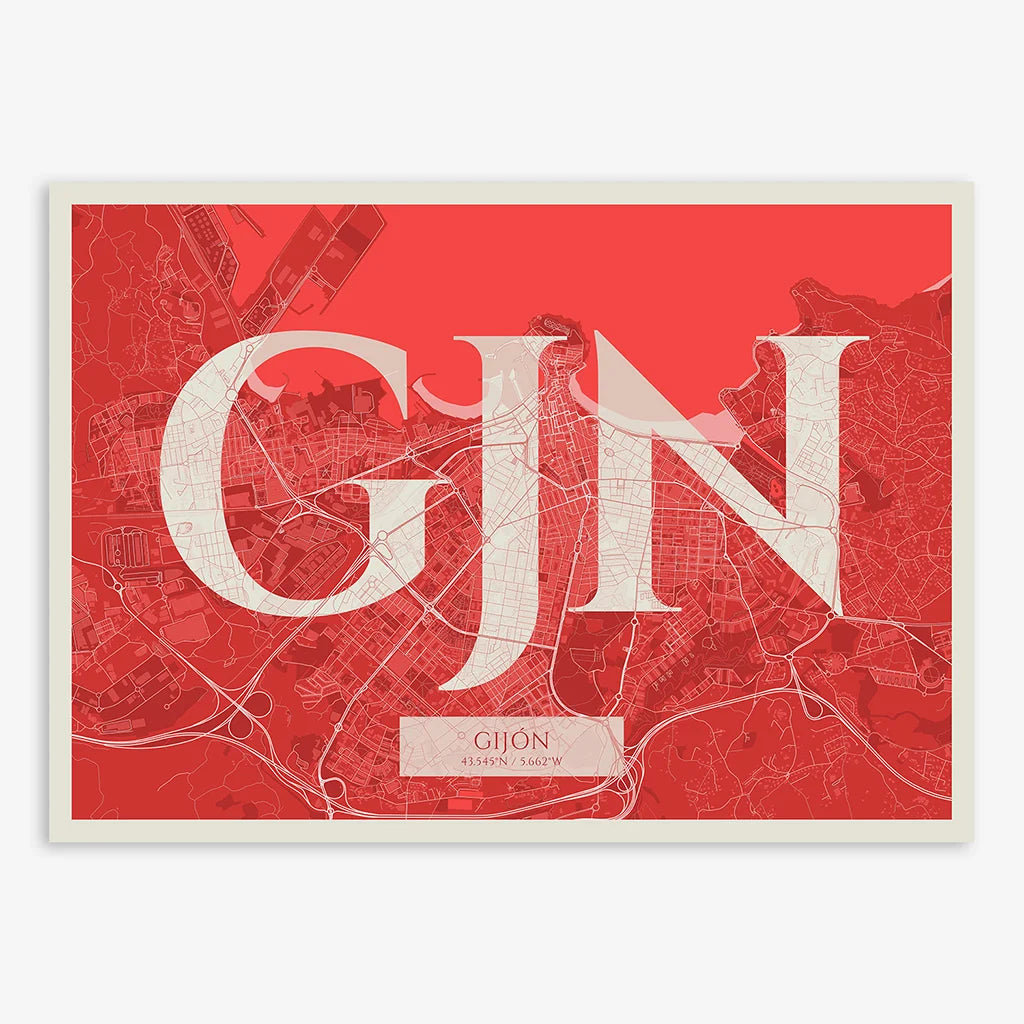 Decorative map of Gijon composed with letters in serif font printed on red and an off-white background