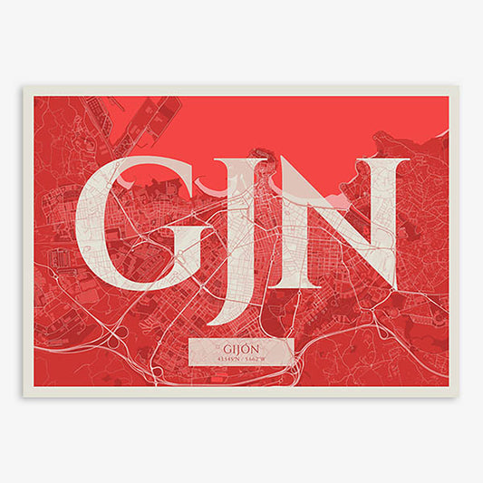 Decorative map of Gijon composed with letters in serif font printed on red and an off-white background