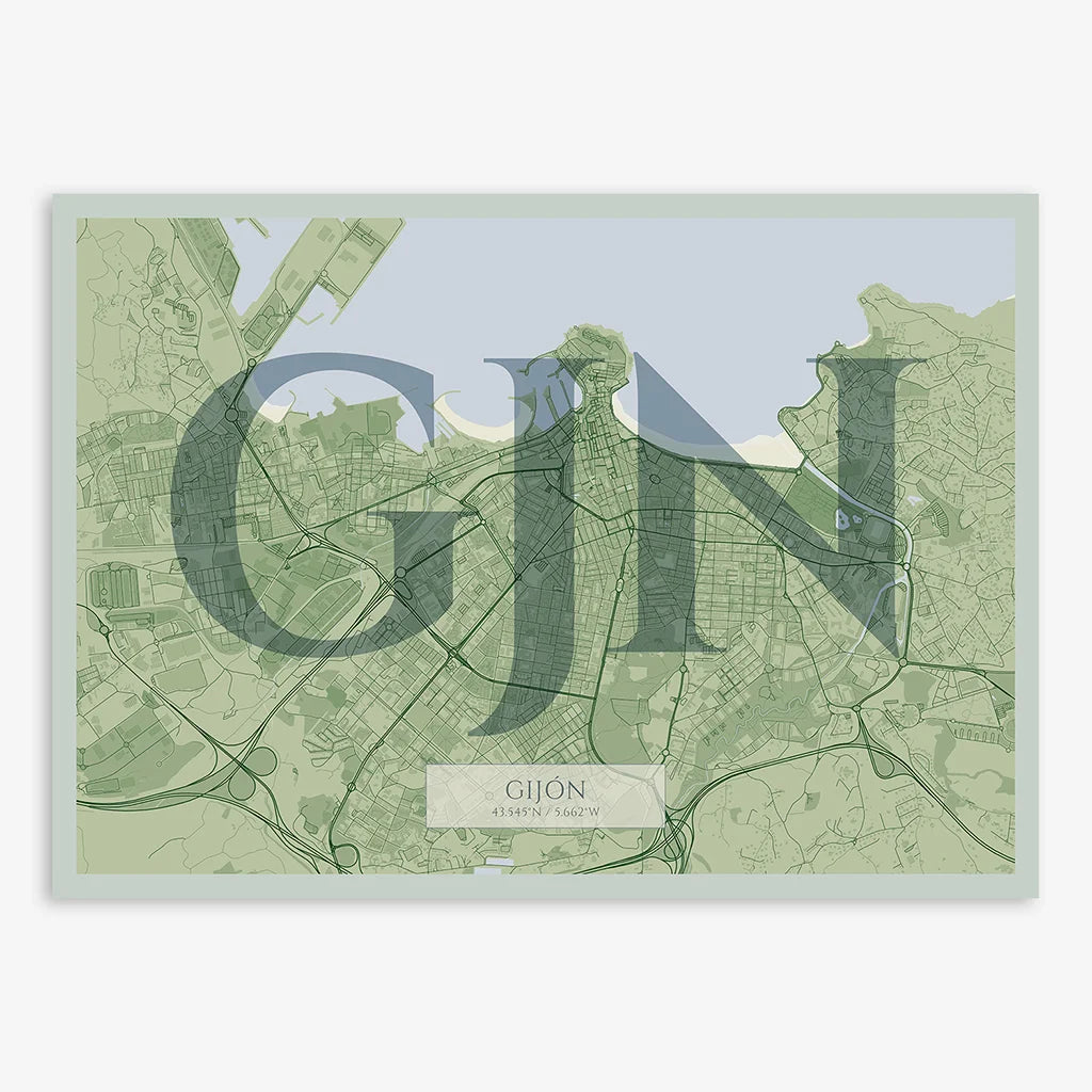 Decorative map of Gijon composed with letters in serif font printed on two green tones