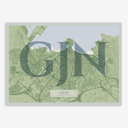 The map of Gijon composed with letters in serif font printed on two green tones