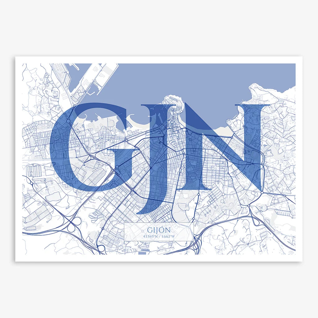Decorative map of Gijon composed with letters in serif font printed on navy blue and white