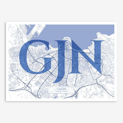 The map of Gijon composed with letters in serif font printed on navy blue and white