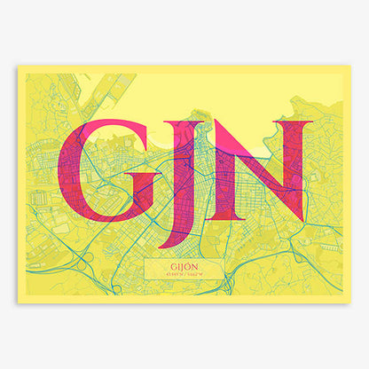 Decorative map of Gijon composed with letters in serif font printed on yellow and fuchsia