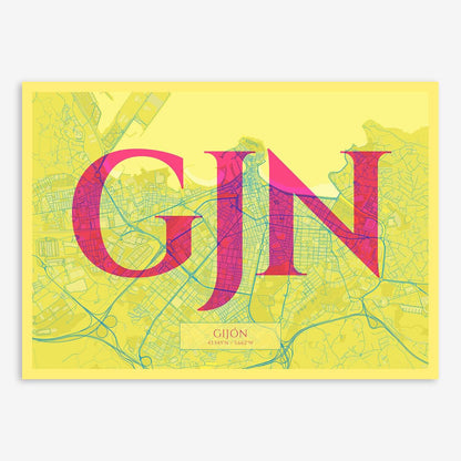 The map of Gijon composed with letters in serif font printed on yellow and fuchsia