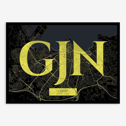 The map of Gijon composed with letters in serif font printed on black and yellow