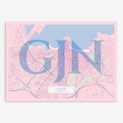 The map of Gijon composed with letters in serif font printed on pink and light blue